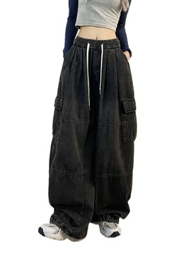 Workowate dżinsy Cargo dla kobiet Y2k Oversize szerokie nogawki spodnie dżi