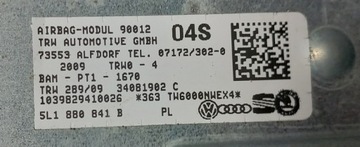 AIRBAG ULOŽENÍ BEZPEČNOSTI KOLA SKODA YETI