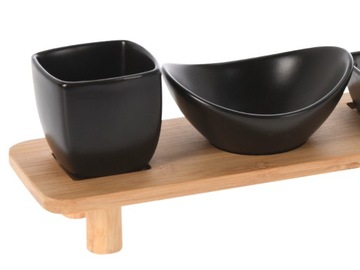 Миски для закусок КЕРАМИЧЕСКИЕ черные, 6 шт. - на подносе БАМБУК