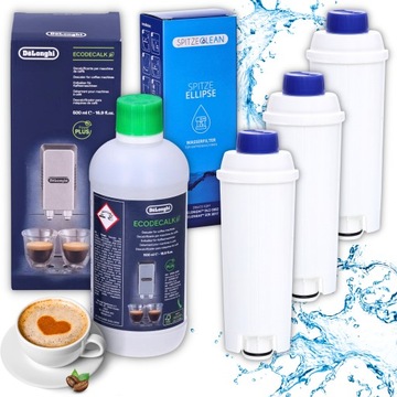 ODKAMIENIACZ DO EKSPRESU płyn DeLonghi 500ml + 3x FILTR WODY ZESTAW