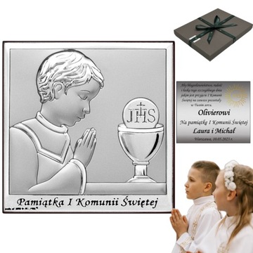 PAMIĄTKA KOMUNII ŚWIĘTEJ Srebrny Obrazek na Komunię dla chłopca z grawerem