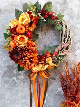 ОСЕННИЙ ВЕНОК ДЛЯ ДВЕРИ, ЦВЕТОЧНЫЙ ВЕНОК, ПЛЕТЕННЫЙ КРЕМ, ТЫКВЫ