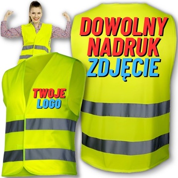 KAMIZELKA ODBLASKOWA BHP Z WŁASNYM NADRUKIEM NAPISEM LOGO PRZÓD/TYŁ