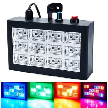 KOLOROFON STROBOSKOP 3 KOLORY DISCO REFLEKTOR 12 LED RGB CZUJNIK DŹWIĘKU