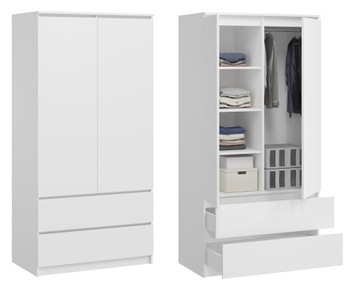SZAFA BIAŁA NOWOCZESNA 90CM GARDEROBA MONIA 2 DRZWI 2 SZUFLADY 4 PÓŁKI