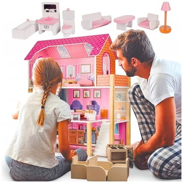 DOMEK DLA LALEK DLA DZIECI DREWNIANY DUŻY BARBIE PREZENT NA DZIEŃ DZIECKA