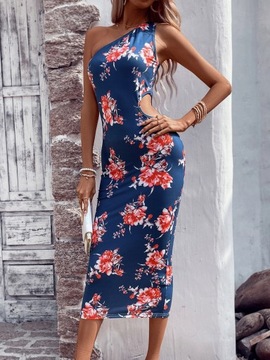 SUKIENKA LETNIA BOHO W KWIATY NA JEDNO RAMIĘ OBCISŁA MIDI CASUAL SHEIN L 40