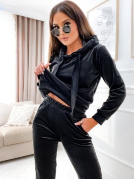 Welurowy dres z kapturem czarny L rozmiary S-XL