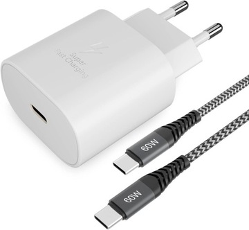 SZYBKA ŁADOWARKA USB TYP C 25W + PRZEWÓD USB TYPU C OPLOT 60W 2M
