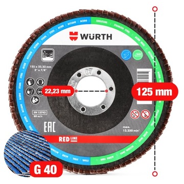 10 лепестковых дисков для шлифования стали 125x1 мм P40 WURTH Strong