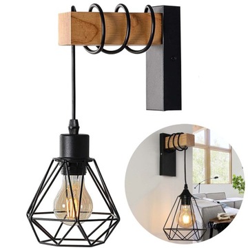 LAMPA KINKIET Z DREWNA VINTAGE RETRO INDUSTRIAL E27