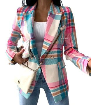 Итальянский жакет, жакет в клетку, бирюзовый, пуговицы S.