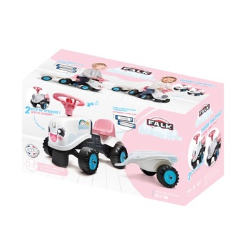 TRAKTOREK TRAKTOR JEŹDZIK PRZYCZEPKĄ KIEROWNICĄ RAINBOW BIALY KLAKSON FALK