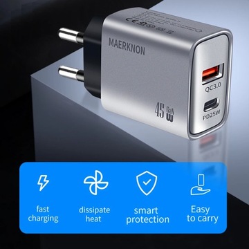Зарядное устройство USB Type-C мощностью 45 Вт, быстрая зарядка, 2 порта USB PD, адаптер для мобильного телефона