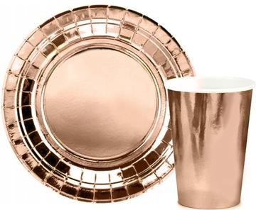 Talerzyki kubeczki papierowe RÓŻOWE ZŁOTO okrągłe ROSE GOLD urodziny PARTY