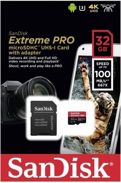 Карта SanDisk micro SD 32 ГБ EXTREME PRO 100 МБ/с 4K, самое быстрое UHD ДЛЯ КАМЕРЫ