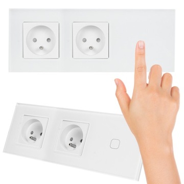 Gniazdko Elektryczne Podwójne Białe Szklany Panel +Włącznik Dotykowy LED