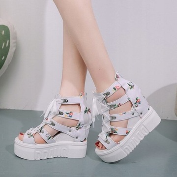 2024 modne białe damskie sandały na koturnie sandały na grubej podeszwie