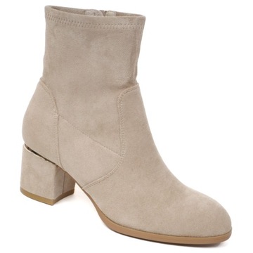 Botki Damskie Beżowe na Obcasie 6cm niskie Kozaki Bella Paris A6221-8 beige