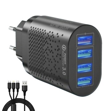 SZYBKA ŁADOWARKA 48W QC 3.0 4 PORTY USB 3W1 KABEL
