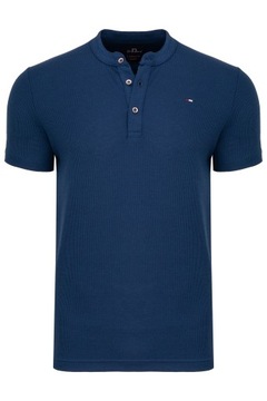KOSZULKA MĘSKA TSHIRT STÓJKA NIEBIESKA KLASYCZNA 100% BAWEŁNA PERFOROWANA M