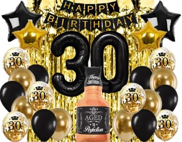 BALONY 30 URODZINY WHISKEY ZŁOTE KONFETTI kurtyna