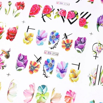 ВОДНЫЕ НАКЛЕЙКИ для украшения ногтей, лист из 12 рисунков, цветы, летние украшения