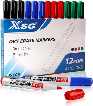 MARKER SUCHOŚCIERALNY XSG DO PAPIERU TABLIC SZKŁA PLASTIKU 4 KOLORY 12 SZT