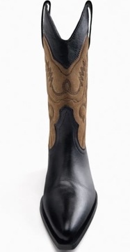 ZARA botki skórzane w stylu cowboy, czarno-beżowe z haftem, r. 40