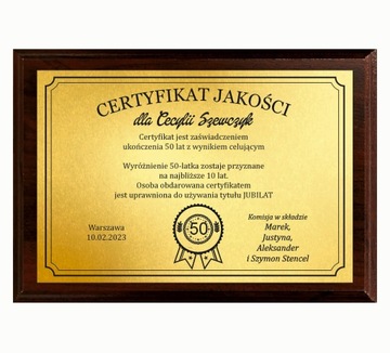 Prezent na urodziny 50,40,30,18 Certyfikat Jakości