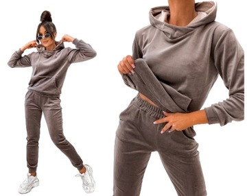 Komplet dresowy damski welurowy dres spodnie bluza kangurka z kapturem S/M