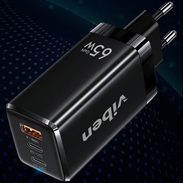 СЕТЕВОЕ ЗАРЯДНОЕ УСТРОЙСТВО VIBEN GAN 2x USB-C 1x USB-A БЫСТРАЯ ЗАРЯДКА QC PD FCP 65 Вт