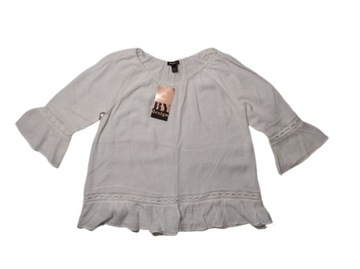 Zwiewna szeroka bluzka damska dekolt na gumce szerokie mankiety falbanka