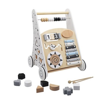 DREWNIANY CHODZIK PCHACZ MANIPULACYJNY MULTIMEDIALNA STACJA ZABAW biały