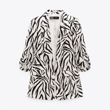 ZARA ŻAKIET Z WISKOZY CZARNO BIAŁY SATYNOWY BLAZER ZEBRA 40 L NOWY 249 zł