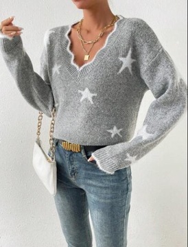 SWETER DAMSKI SZARY GWIAZDKI SHEIN