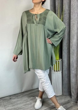 WŁOSKA TUNIKA Z OZDOBNYM DEKOLTEM WISKOZA KHAKI UNI PLUS SIZE 50-58