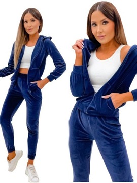 DRES KOMPLET WELUROWY DAMSKI BLUZA ROZPINANA ZAMEK SPODNIE GRANATOWY M
