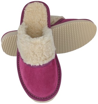 Pantofle Domowe Wełniane Skórzane Papcie Laczki Kapcie Zimowe Różowe 38