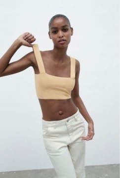 Zara NG8 brp dzianinowy beżowy crop top na ramiączkach S