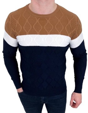 Granatowo-camelowy sweter meski paski HHL8039 XXL