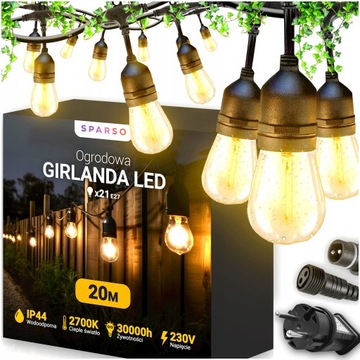 GIRLANDA OGRODOWA LED 20m Lampki Świetlna Łańcuch WODOODPORNA 21x Żarówki