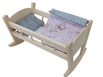 KOŁYSKA DLA LALEK DREWNIANA + POŚCIEL