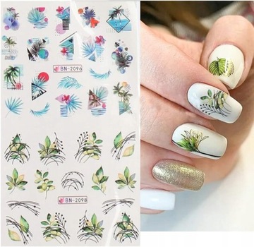 ВОДНЫЕ НАКЛЕЙКИ для украшения ногтей, лист из 12 рисунков, украшения из летних листьев