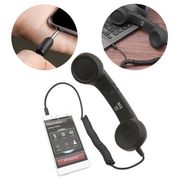 SŁUCHAWKA RETRO TELEFON DO ROZMÓW SMARTFONA JACK AUX CZARNY 3.5MM KABEL