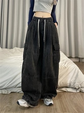 Workowate dżinsy Cargo dla kobiet Y2k Oversize szerokie nogawki spodnie dżi