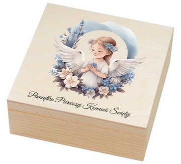 Pudełko pamiątka komunii kasetka eko z dziewczynką + aniołek gratis
