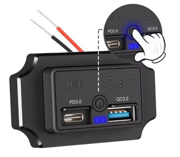 Gniazdo samochodowe montażowe 12V 24V USB PD3.0 QC3.0 IP55 LED ON OFF Dotyk