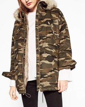 ZARA KURTKA PARKA MORO KHAKI KAPTUR FUTERKO L