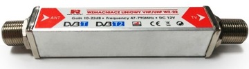 Wzmacniacz antenowy liniowy przelotowy 22dB 12V do anten naziemnych VHF UHF